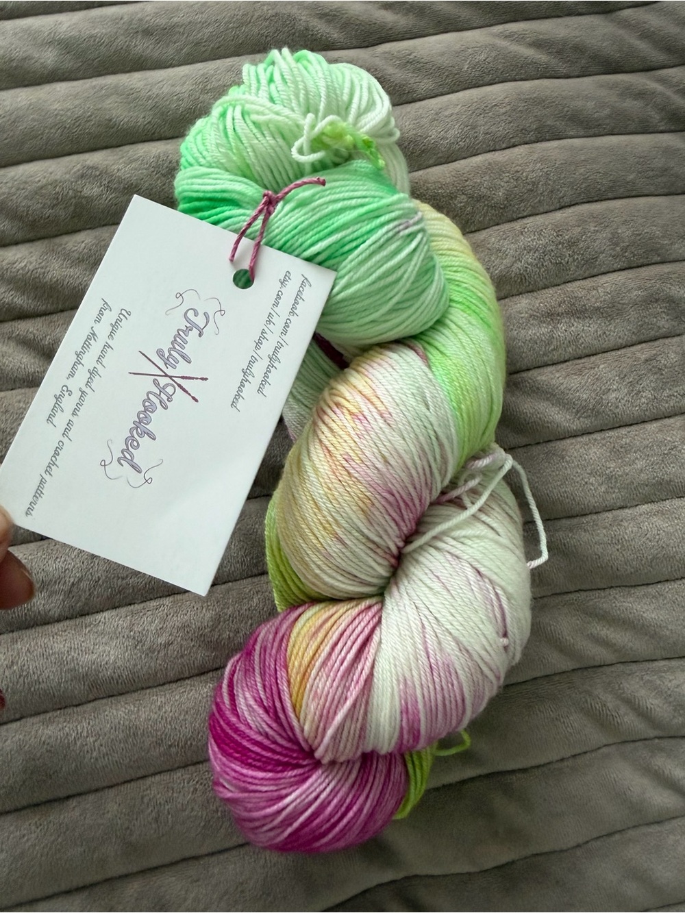 Truly Hooked yarn Hand-Dyed Green & Pink Yarn